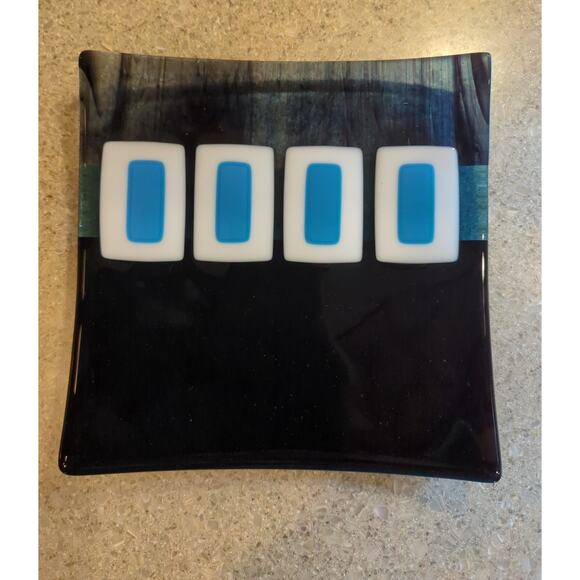 Mid Century Fused Art Glass Curved Plate Blue White Square Signed 8.5 x 8.5 x1.5 - Picture 2 of 5